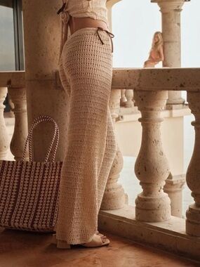 American Eagle Cream Crochet Wide-Leg Knitwear Beach Lounge Swim Pants